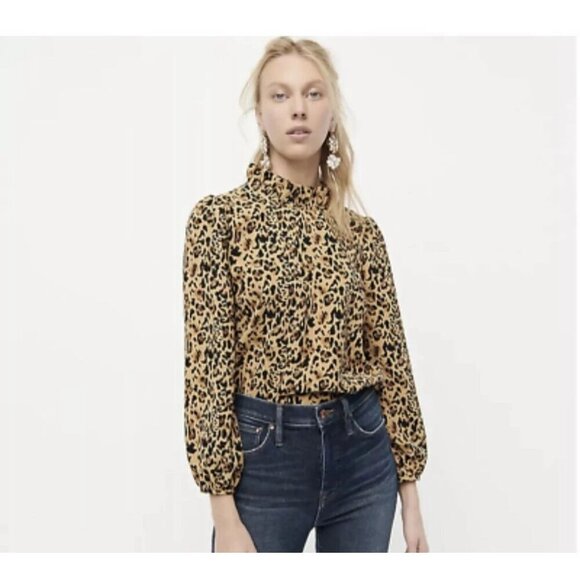 J.Crew Long Sleeve Ruffle Neck Blouse Top Leopard Animal Print Keyhole Sz XS - Picture 1 of 5